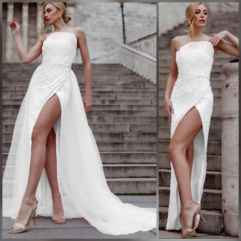 Beaded sheath wedding dress with detachable flowy tulle overskirt train sz 6